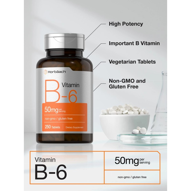 Horbäach Vitamin B6 50mg | 250 Tablets | Non-GMO &