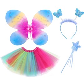 VEKDA 4 PCS Fairy Costume for Girls Butterfly Wings Kids Princess Costume Set with Tutu Skirt,Headband,Fairy Wings and Wand for 3-8 Years Rainbow