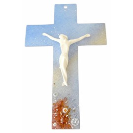 KVN Glass Cross with Ceramic Body (10 cm) with Murano Glass Flowers Approx 21 x 13.5 cm