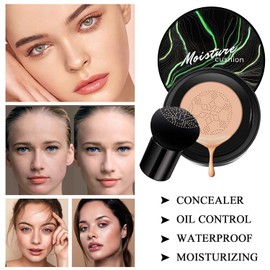 Hilareco 2PCS Air Cushion CC Cream Natural Foundation,Phoera Powder, Bright Makeup Base Long Lasting with Makeup Sponge and Flat Top Kabuki Foundation Brush (#04 Buff Beige)