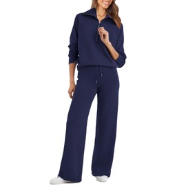Glamaker Two Piece Sets for Women Sweat Set Oversized Half Zip Sweatsuits Wide Leg Sweatpants Lounge Sets Travel Outfits Tracksuit Navy blue M