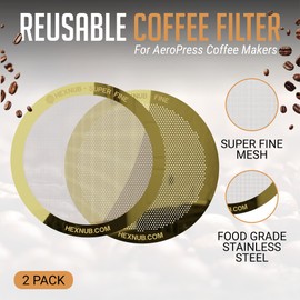 HEXNUB - Reusable Metal Filters for AeroPress Coffee Maker, Stainless Steel Filter Fits AeroPress Original & Go Coffee Press, Fuller Bodied Coffee Than Paper Filters - GOLD 2 PACK