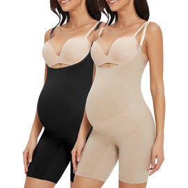 Women's Maternity Bodysuit Pregnancy Shapewear Shorts Bump Support Bustless Adjustable Straps Romper Jumpsuit Black+Nude Size L