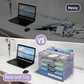 Docnest 5 Tier Mesh Desk Organizer- Letter Tray with Adjustable Compartments, Built In Pen Holder and Handles, Stackable Paper Organizer for Paper Mail Documents Office Supplies–Purple
