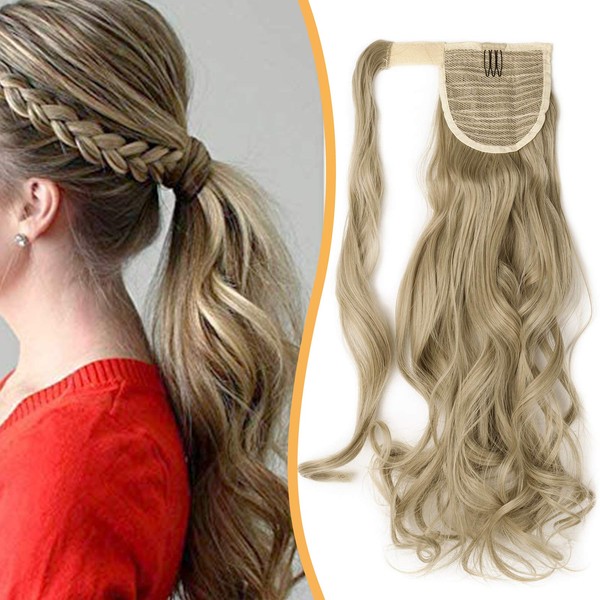 Silk-co 17inch Wrap around Ponytail Extensions Curly Wavy Synthetic Clip in Ponytail Hair Extensions Hairpiece for Women #Blond & Bleach Blond