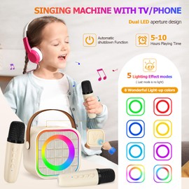 YLYYCC Kids Mini Karaoke Machine with Lights, Portable Bluetooth Speaker with 2 Wireless Microphones, Birthday Toys Gift for Girls Boys Ages 4,5,6,7,8,9,10+ Year Old, Party, Home KTV, Outdoor (Beige)