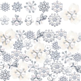 66 Pieces Craft Pearl Crystal Rhinestone Buttons Flower Faux Pearl Bouquet Embellishments for Crafting Flat Back Decorative Button DIY Jewelry Making Supplies Wedding Bouquet Jewelry (Silver)