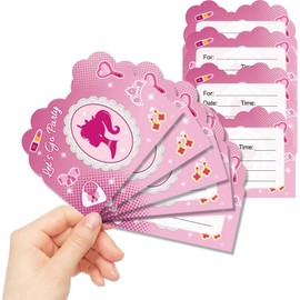 20 Pcs Pink Girl Theme Birthday Invitation Cards, Let's Go Party Pink Doll Birthday Party Supplies, BIrthday Invitations for Girls.(Style 2)