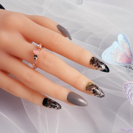 Press on Nails Medium Almond 24 pcs Grey Short Black French Tip,Blingbrione Reusable Brown Coffee Fake Nails Stick on Nail Lace Butterfly Glue on Nail for Women Girl.