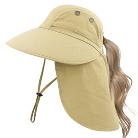 Muryobao Women's Sun Hat Outdoor UV Protection Foldable Packable Mesh Hat Wide Brim Summer Beach Fishing Cap with Neck Flap Khaki