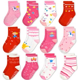 Toddler Girls Socks, 12 Pack Non Slip Breathable Crew Socks with Grips for 0-5 Years Kids(Crown Star,6-12 Months)