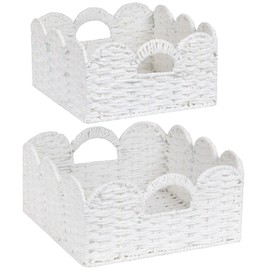 Graciadeco Scalloped Wicker Basket Natural Paper Rope Storage Baskets with Handles Handwoven Organizer Bin Wicker Storage Baskets for Home Decor, Organizing, 2 Pack (White)