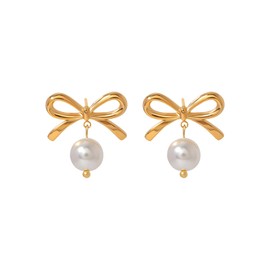 Pearl Bow Earrings for Women Gold Pearl Drop Dangle Earrings Dainty Small Bowknot Stud Gold Statement Earrings Jewelry Gifts (Stainless steel)