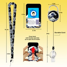 BUDUOZHI ID Badge Holder with Lanyard, Retractable Badge Reel with Swivel Belt Clip, Art Great Wave Breakaway Lanyard Name Card Tag Vertical ID Protector Badge Clip, Nurse Teacher Office Gifts