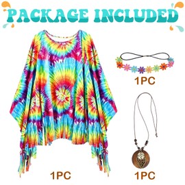 Formemory Hippie Costume Women, 60s 70s Outfit, Women's Hippie Clothing, Women's Hippie Poncho with Hippie Accessories, Disco Outfit, Carnival Costume Women (Blue)