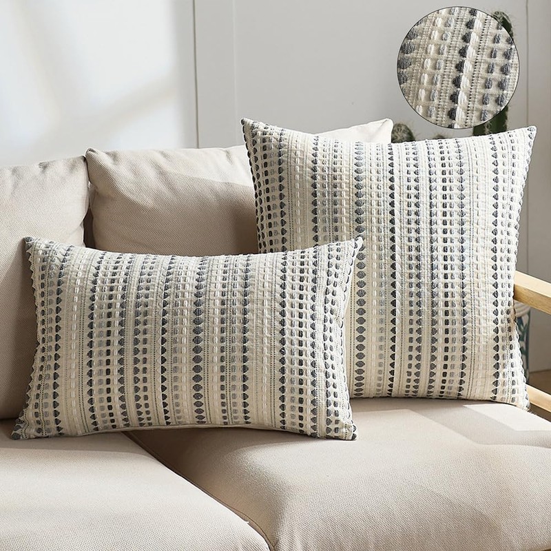 MiOYOOW Boho Throw Pillow Covers, 2Pcs Striped Textured Pillowcases Square