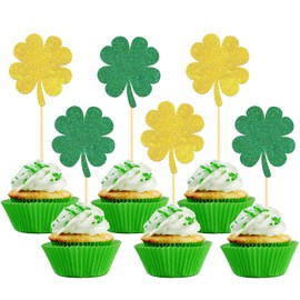 24 Pcs St Patrick's Day Cupcake Toppers, Four Leaf Clover Leprechaun Hat Horseshoe Shamrock Cupcake Toppers for St Patrick's Day Party Decorations (Trefoil A)