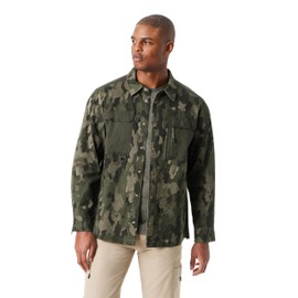 BASS OUTDOOR Men's Stretch Worker Snap Front Shacket with Double Chest Pockets Standard, Beluga-Sycamore CAMO