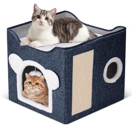 Cat Beds for Indoor Cats, Large Cat House Foldable Cat Cave with Scratch Pad and Hanging Fluffy Ball, Reversible Cushion Hideaway for Pet Cats, 16.5x16.5x13.2 inches, Dark Blue