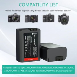 NP-FW50 Batteries (1200mAh) & Dual USB Charger forSony, Alpha A6000、A6400、A6100、A6300、A6500、A5100、A7、A7 II、A7R、A7R II、A7R2、A7S、A7S II、A7S2 – Compatible with forSony Mirrorless Cameras and More, 2-Pack