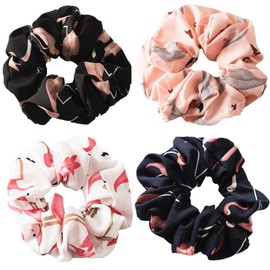 Hair Srunchies,4 Style Elastic Hair Bands for Girls Women,4 Pcs Flamingo Pattern Hair Bow Chiffon Ponytail Holder,Colorful Hair Scrunchy Bobbles Soft Hair Bands Ties Headband