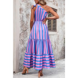 PRETTYGARDEN Women's Summer Floral Maxi Dress Knot One Shoulder Sleeveless Ruffle Flowy Boho Beach Wedding Guest Dresses (Blue Pink Stripe,XX-Large)