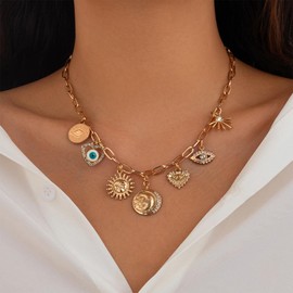 Stocking Stuffers Gifts for Women Gold Charm Necklace for Women Trendy Paparclip Chain Necklace Pearl Coin Strawberry Evil Eye Necklace Charms Western Country Choker Necklace Boho Jewelry