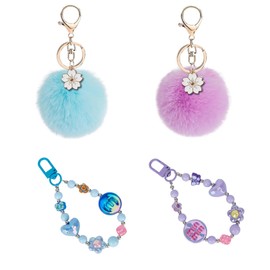 Kawuwa 4 Pieces Cute Keychains for Girls Accessories for Backpack Bracelet Wristlet Keychain Beaded Bangle Key Chains (Pompon Series)