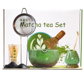 Qxeutm Matcha Set of 7 Premium Matcha Tea Set with Matcha Bowl with Pouring Spout & Bamboo Chases (100+ Tips), Holder, Spoon, Strainer, Sackcloth, Complete Ceremonial Matcha Starter Set (Green)