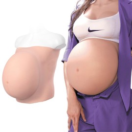 YRZGSAWJ Fake Pregnant Belly 6-10 Month Artificial Realistic Pregnancy Belly Prop Baby Bump Lightweight，Wide Waistband for Pretending Pregnancy (Beige, Large (9-10 month))