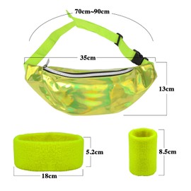 Women's Green PU Bum Bag Waterproof Waist Bag Adjustable Shoulder Bags with Fluorescent Colour Bracelets and Headband for 80s 90s Costume Party Carnival etc., Green