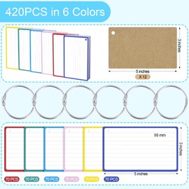 Aodaer 420 Pcs Flash Cards Ruled Index Cards with Metal Binder Rings,3x5 Inch/127x76mm Revision Card Colored Kraft Paper Notecards Lined Flashcards for Office, Home and School,6 Colors