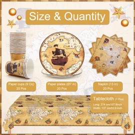 Huaxintoys Pirate Birthday Tableware Set, Treasure Cards Decoration Birthday Set Including 20 Dessert Plates, 20 Cups, 20 Napkins and 1 Tablecloth for Children's Party Birthday Decoration