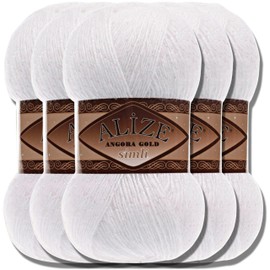 Hobby YARN Alize 5 x 100 g Angora Gold Simli Turkish Premium Wool, Mohair Made of Virgin Wool with Glitter Effect, Baby Wool as Knitting Yarn, Hand Knitting Yarn, Angora Wool, Plain Yarn (White 55)