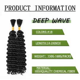 Deep Wave Bulk hair for Braiding Wet and Wavy Micro Braiding Hair No Weft Faux Deep Wave Braiding Hair Extensions for Box Boho Braids 150g with 2Bundles #1B (20Inch)