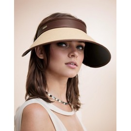 Senro Vientian Wide Brim Visor Women & Men, Straw Sun Visor Hat with Chin Strap for Beach & Travel Brown