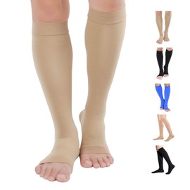 TOFLY Compression Stockings (Pair), Medical Grade Firm Support 20-30mmHg, Opaque, Unisex, Open Toe Knee High Compression Socks for Varicose Veins, Edema, Shin Splints, Nursing, Travel, Beige M