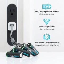 paleblue USB Rechargeable AA Batteries by Pale Blue, Lithium Ion 1.5v 1700 mAh, Charges 1.5 Hours, Over 1000 Cycles, 4-in-1 USB-A to USB-C Charging Cable, LED Charge Indicator, 4-Pack