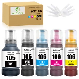 JoyPrinting 105 106 Ink Compatible with Epson 105 106 Ink Bottle Multipack Replacement for EP L-7160 L-7180 ET-7700 ET-7750 (5 Pack, Black/Photo Black/Cyan/Magenta/Yellow)