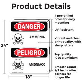 (2 Pack) Ammonia - Amoniaco OSHA Danger Sign 18 Inch X 24 Inch Indoor/Outdoor Rust-Free Aluminum Metal Signs for Workplace, Workshop, and Construction Site, Made in the USA