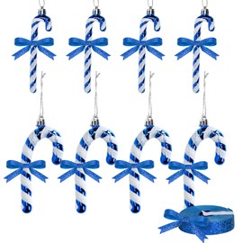 8 Pcs Candy Cane Christmas Decorations with 10 Yard Ribbon, Christmas Glitter Candy Cane Christmas Decorations Christmas Tree Hanging Ornaments for Xmas Tree Party Home Decorations (Royal Blue)