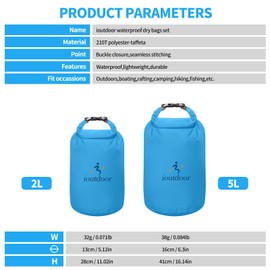 ioutdoor Dry Bag Set,2L/5L/10L/20L Waterproof Dry Bags Lightweight Dry Sacks Set Waterproof Canoe Bags for Rafting Hiking Camping Travel Fishing Boating(Blue 2L+5L)
