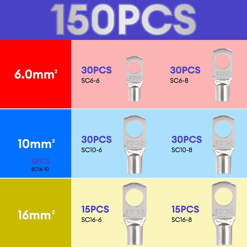 Pack of 150 Cable Lugs Terminal Plugs Tin-Plated Copper Crimping
