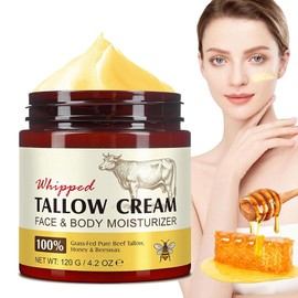 Rindertalg für Haut, Beef Tallow Creme, Bio Beef Tallow Skincare, Gefütterter Rindertalg und Honigbalsam, 100% Grass Fed Tallow für Gesicht und Körper, Rinderhalsbalsam für Feuchtigkeit, 120g