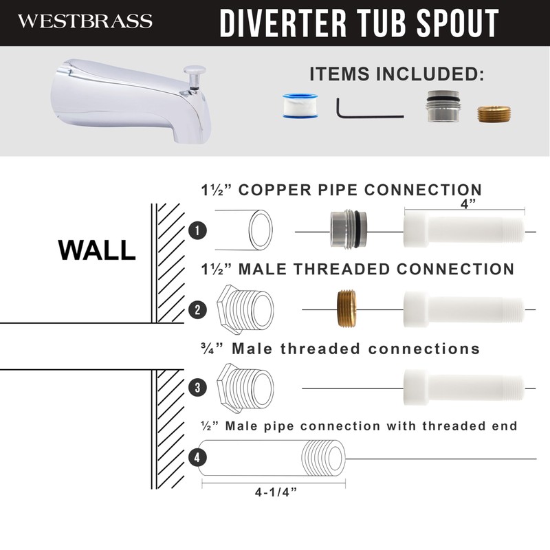 Westbrass E531DUS-26 Universal Fit 5-1/4" Diverter Tub Spout, Zinc, Polished