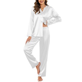 Ekouaer Silk Satin Pajamas Set Women's 2 Piece Pjs Long Pant Fall Soft Sleepwear Button Up Loungewear with Pockets White