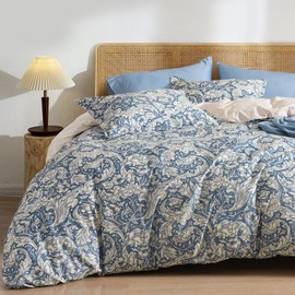 PHF Ultra Soft Floral Duvet Cover Queen Size, Revisible Boho Printed Vintage Bedding Set 3 Pieces, Comfy Durable Morris Garden Duvet Cover Set with 2 Pillow Shams, Zipper Closure and 8 Ties, 90"x90"