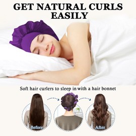 Gwabee No Heat Overnight Curls Headband to Sleep In, 70" Soft Ribbon Curl Wrap for Long Hair - 9 PCS Curling Rods Set with Bonnet, Purple