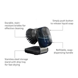 Joseph Joseph SinkTech Soap-Dispensing Palm Brush with Replaceable Head and Stainless-Steel Stand Drip Tray