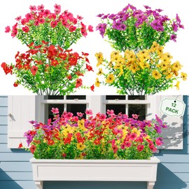 FGSAEOR Artificial Flowers Faux Plants Outdoor(12 Bundles), Fake Flowers Spring Decor, UV Resistant for Porch Patio Home Yard Garden Window Box Pot Planters (Red/Pink/Purple/Yellow)